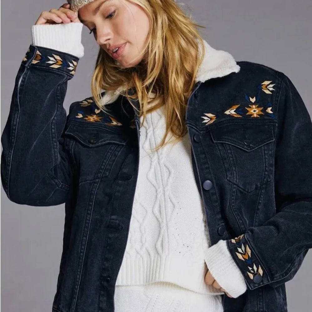 Anthropologie Driftwood Embroidered Black Denim Jacket Medium